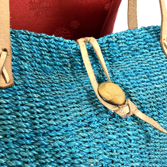 Unique Woven Bucket Market Bag Tote Purse Aqua Blue Shoulderbag Leather Straps - Picture 6 of 8